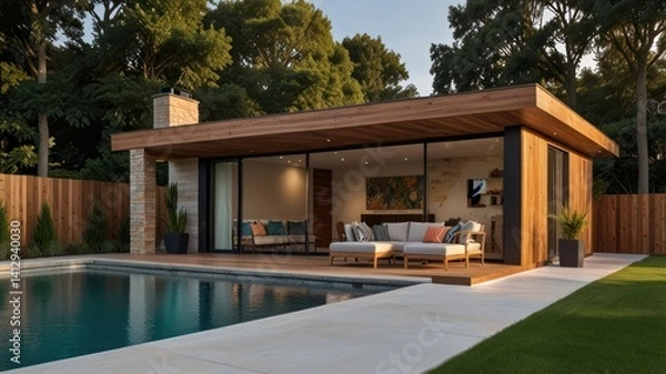 Fototapeta Modern poolside guesthouse, sunset view, backyard relaxation