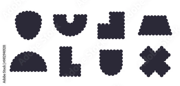 Fototapeta Frames Scalloped Vector Corrugated Shapes Set. Scallop Frame Wavy Retro Stickers Collection. Zig Zag Edge Geometric Borders Tag Boxes. Wiggle Line Design Sign Backgrounds. Isolated