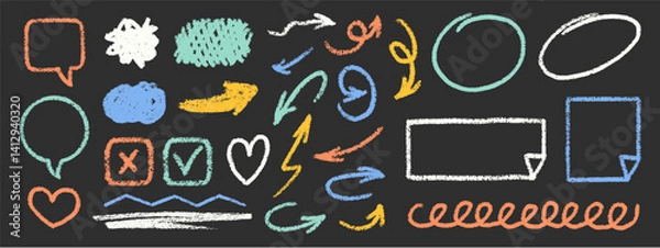 Fototapeta Cute Chalk Emphasis Squiggles Vector Set. Crayon Pencil Scribble Graffiti Arrows Frames Speech Bubbles Underlines. Hand Drawn Brush Texture Star Shapes Highlights. Pencil Childish Charcoal Doodles