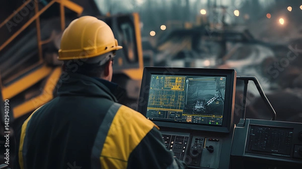 Fototapeta Iron ore miner monitoring the status of mining equipment at a mining site. Featuring equipment monitoring and maintenance