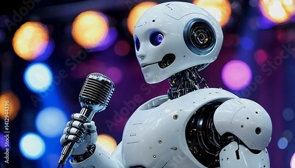 Fototapeta a futuristic white robot with glowing blue eyes confidently holds a vintage microphone against a blurred, colorful bokeh background, suggesting a performance or broadcast.