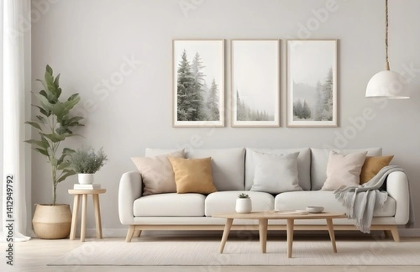 Fototapeta 3D Frame Mockup in Stylish Modern Living Room Interior