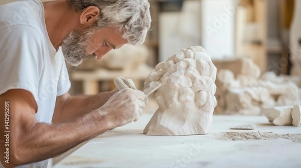 Fototapeta Artisan carves a detailed marble sculpture in a workshop filled with stone creations during daylight hours