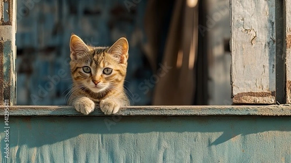 Fototapeta Curious Cat Peeking Out of Window
