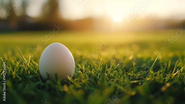 Fototapeta Fisheye angle minimalist photo of a white easter egg arrangement on fresh green grass with copy space around at sunset