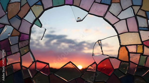 Fototapeta Colorful abstract broken glass pattern against sunset sky