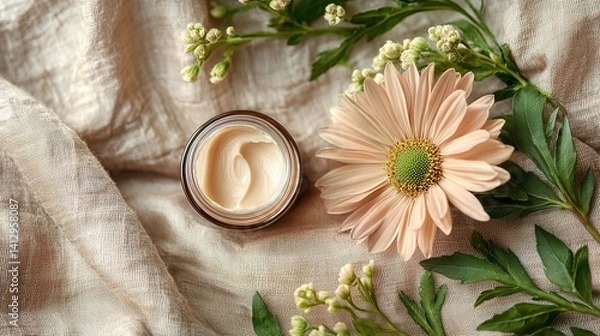 Fototapeta Elegant Jar of Cream and Flowers on Cloth