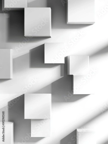 Fototapeta Abstract composition of floating white cubes casting shadows on a light background