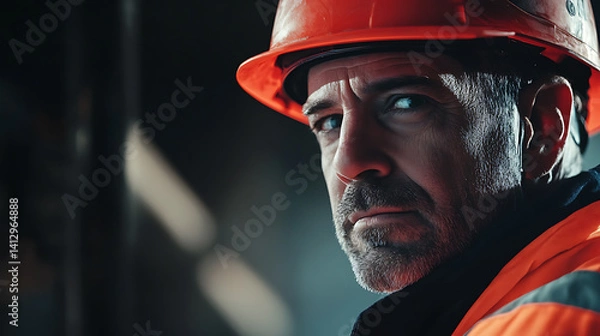Fototapeta Iron ore miner wearing a safety helmet at a mining site. Featuring safety precautions and work gear