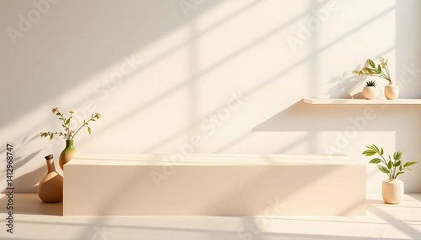 Fototapeta Brand product showcase template, blank neutral light beige podium stage with aesthetic lifestyle floral sun light shadows, white textured concrete wall and shelf background, Diffused lighting. with 