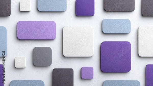 Fototapeta Abstract geometric pattern with various colored square and rectangular tiles in shades of purple gray and light blue on a white background