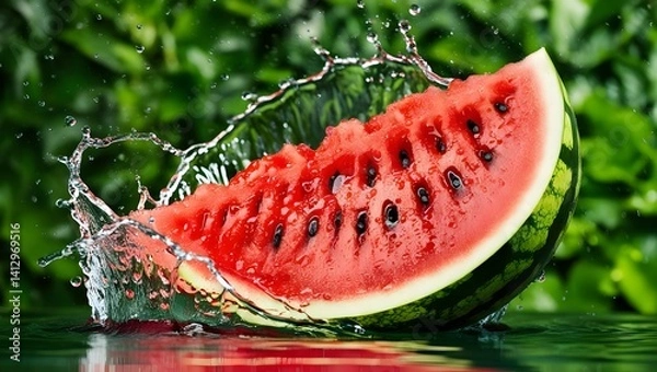 Fototapeta Fresh watermelon slice splashing in water, vibrant red flesh, green rind, refreshing summer fruit, juicy texture, nature background, healthy snack, hydration, summer vibes, delicious treat