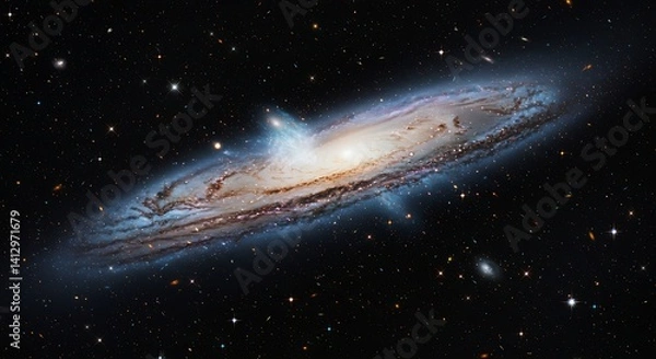 Fototapeta Breathtaking Spiral Galaxy Unveiling Cosmic Mysteries: A Detailed View of Andromeda, Shining Brightly Against a Backdrop of Countless Stars with Blue and Gold Hues