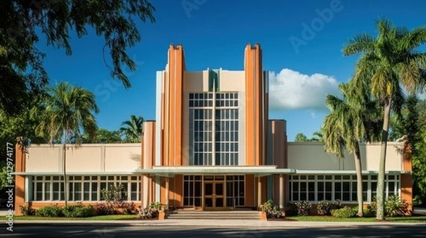 Fototapeta Art Deco exterior with sleek lines, bold geometric shapes, and a striking, glamorous faÃ§ade.  
