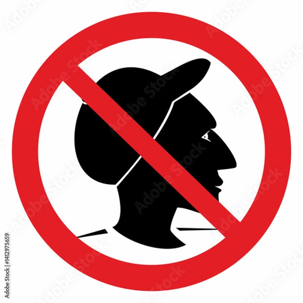Fototapeta No entry with a cap, symbol for prohibiting entry with a hat on the head into religious buildings, churches, take off your hat, vector icon, red circle frame