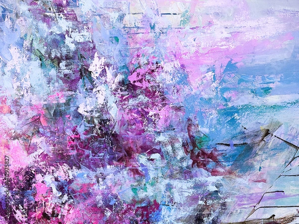 Fototapeta Artistic bright background. Hand-painted surface. Blue and pink background. Brushstrokes of paint with splashes. 
Bright abstract painting.