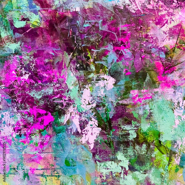 Obraz Artistic bright background. Hand-painted surface. Blue and pink background. Brushstrokes of paint with splashes. 
Bright abstract painting.
