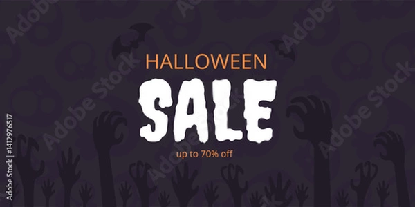 Fototapeta Spooky Halloween sale banner with zombie hands, bats, and skulls on a dark background. Bold SALE text and discount message. Great for holiday promos, ads, and social media.