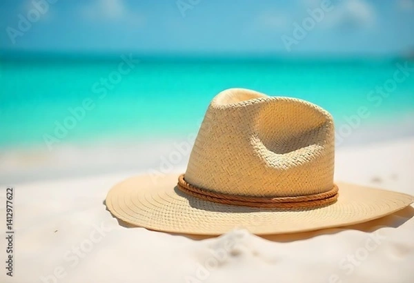 Fototapeta A straw hat on a white sand beach with turquoise water and small waves in the background