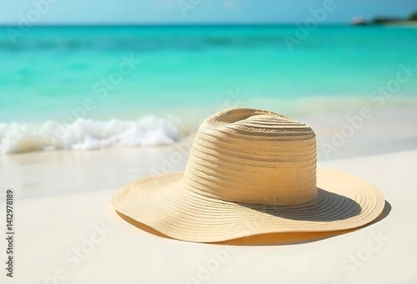 Fototapeta A straw hat on a white sand beach with turquoise water and small waves in the background