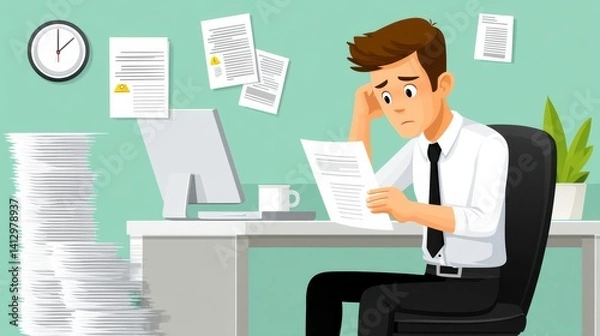 Fototapeta A stressed office worker sits at a desk cluttered with papers, looking overwhelmed while checking documents, with a clock indicating time pressure.