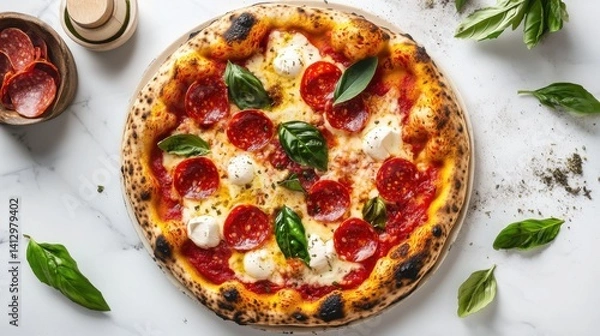 Fototapeta A classic pepperoni pizza topped with fresh arugula, placed on a wooden board, offering a delightful and savory meal.