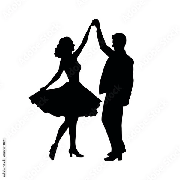 Obraz Black vector silhouette illustration of a couple dancing tango, embodying love and fun.
