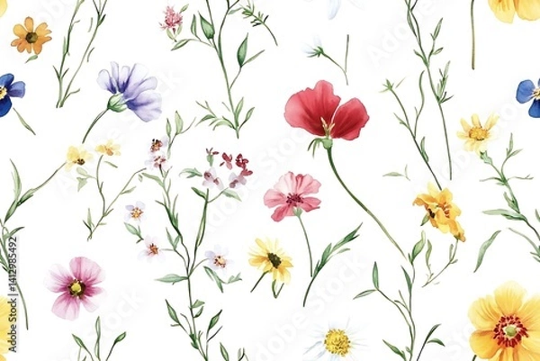 Fototapeta Watercolor floral seamless pattern with wildflowers on white background.
