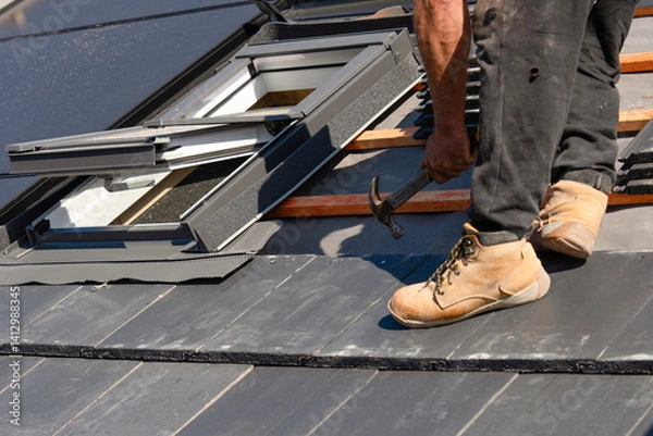 Fototapeta Builder installs roof window on home rooftop with tools and materials