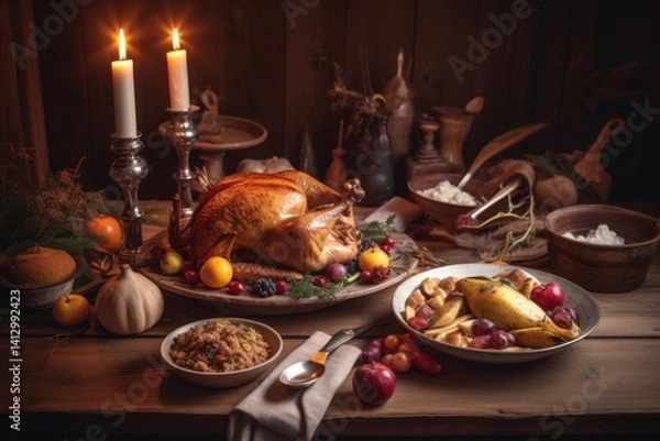 Fototapeta Thanksgiving Feast: A sumptuous spread, the centerpiece a golden-brown roasted bird, illuminated by the soft glow of candlelight. A feast to share and be thankful for. 
