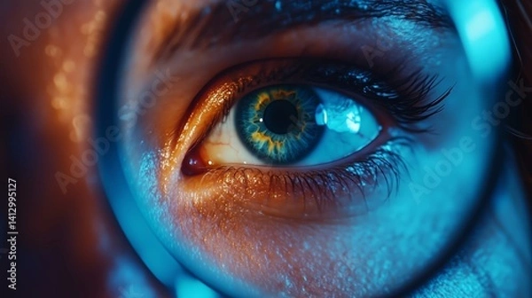 Fototapeta Eye close-up showcasing vivid colors and intricate details under magnification in a dramatic lighting setting