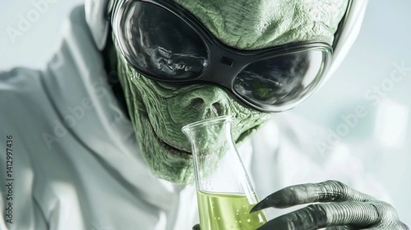 Fototapeta A green alien in a lab coat examines a test tube filled with green liquid, set against a futuristic laboratory backdrop.