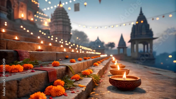 Obraz diwali celebration at temple ghats with diyas and flowers