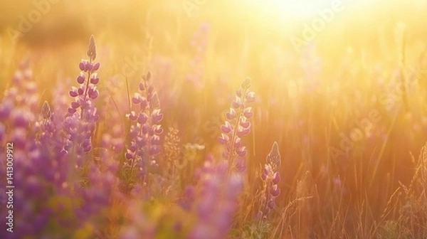 Fototapeta Enchanted Wildflower Meadow at Golden Hour with Purple Lupines Dancing in Summer Breeze Perfect for Nature and Wellness Backgrounds