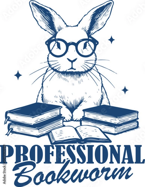 Fototapeta Professional Bookworm Quotes, Bookish Design, Funny Reading-Themed Designs Featuring Bunny with Glasses and Books