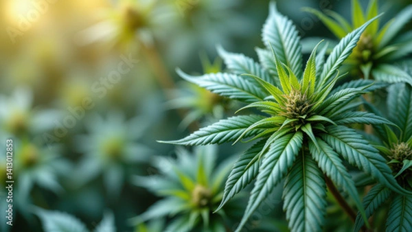 Fototapeta A close-up of marijuana buds with THCA crystals, highlighting their texture and natural colors.