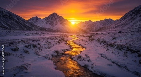 Fototapeta Majestic Sunset Over Snowy Mountains and River - Breathtaking view of a vibrant sunset casting a golden glow over a snow-covered river winding through a majestic mountain range