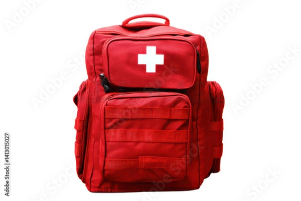 Obraz Ready to Respond: A Bright Red First Aid Kit Backpack Prepared for Emergencies and Medical Assistance on the Go.
