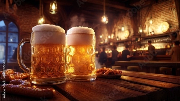 Fototapeta Beer Pub Atmosphere: Captivating the charm of a traditional pub, two frothy beer mugs take center stage, inviting viewers to savor the warmth and conviviality of a classic setting.