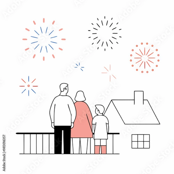 Fototapeta A family silhouetted against a vibrant fireworks display, celebrating a joyous evening from their home's balcony, simple line art style.
