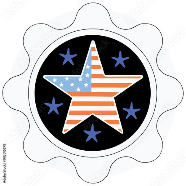Fototapeta A patriotic starburst emblem celebrating American pride, featuring a bold star design against a black circular background within a scalloped frame.
