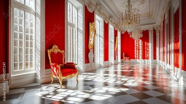 Fototapeta Luxurious red hall with golden chair. Sunlight streams through large windows