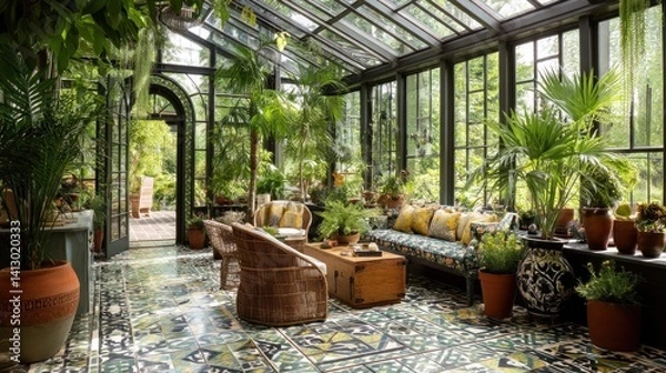 Fototapeta Bohemian-inspired conservatory with exotic plants, patterned tiles, and relaxed, airy seating. 