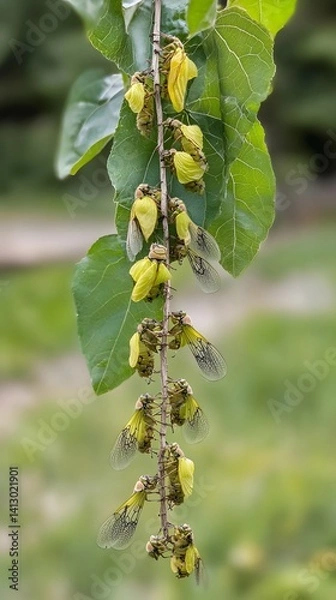 Fototapeta Many Cicada Molts on a Branch, Green Leaves