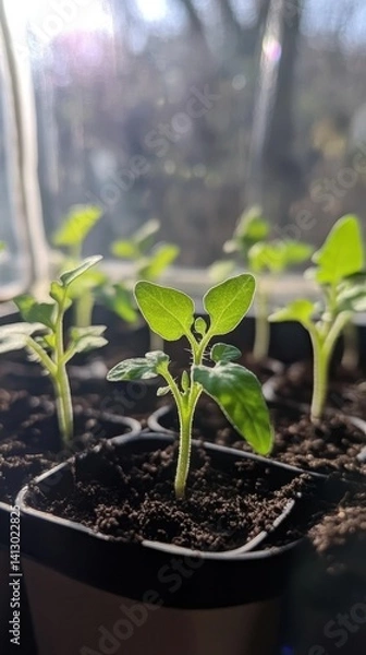 Fototapeta Emerging Life: A tender seedling bursts forth from the fertile earth, its vibrant green leaves reaching towards the life-giving sunlight, symbolizing growth. 