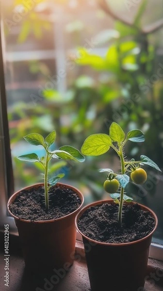 Fototapeta Emerging Sprouts: Close-up shot of two potted plants thriving by a sunlit window. The plants symbolize growth and the nurturing aspect of nature.