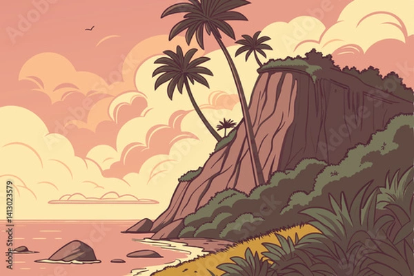 Fototapeta 44 Tropical island sunset, towering cliff with palm trees, vibrant sky, pink and orange clouds, golden sun reflection on water, calm sea, rocky outcrops, lush vegetation, dramatic lighting, fantasy la