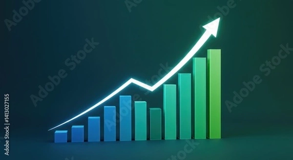 Fototapeta Bar graph showing growth with an upward trending arrow on a dark background.