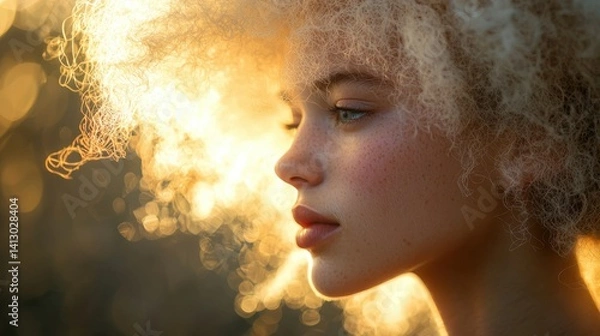 Obraz A young woman stands in profile, her curly hair glowing in the soft golden sunlight during sunset. Her expression is serene, capturing a moment of peaceful reflection in nature