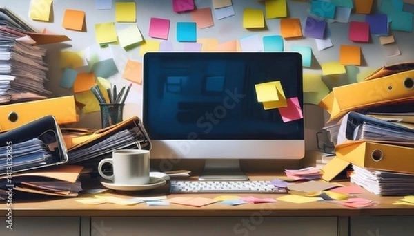 Fototapeta Colorful Office Chaos: Desktop with Notes in a Vibrant Workspace Scene